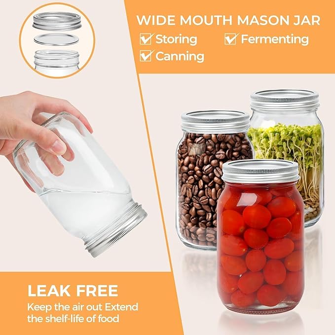 ComSaf Wide Mouth Mason Jars 32 oz with Lids 2 Pcs, Quart Mason Jars with Seal Band, Large Glass Jar, Big Canning Containers for Pickles, Jams, Sauces, Salsa, Sourdough, Juice, Suntea, Food Storage