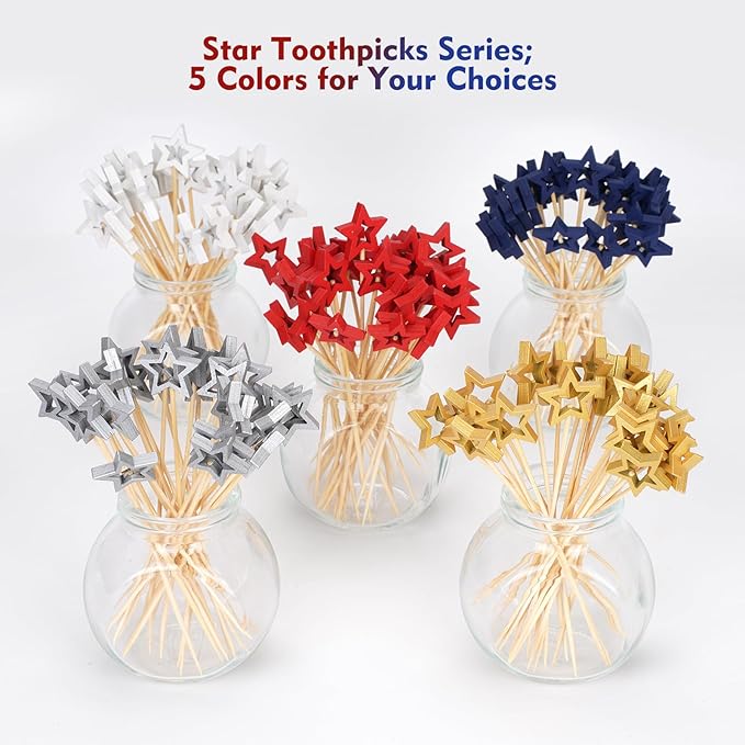 Minisland Big Gold Star Cocktail Picks, 5.5 Inch Long Bamboo Fancy Toothpicks for Appetizers, Decorative Christmas New Year Holiday Party Food Drinks Garnish Fruit Skewer Sticks 50 Counts - MSL430