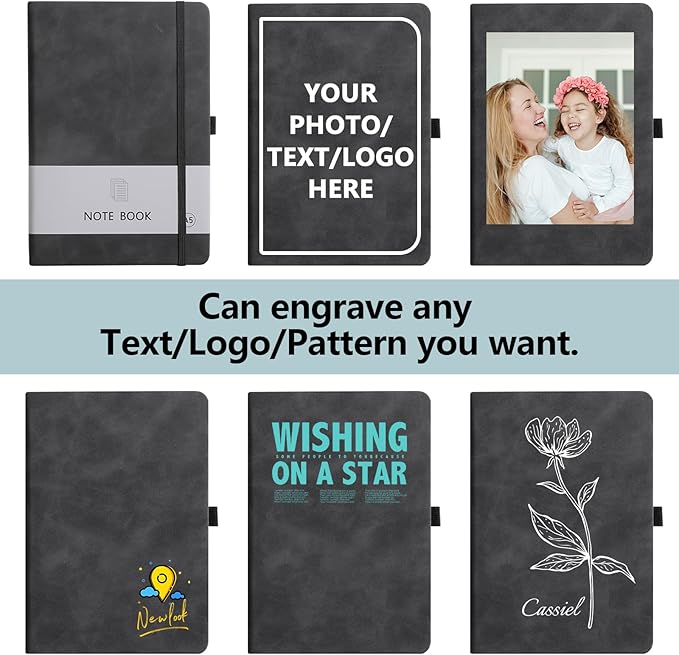 Personalized Notebook Custom Journal Notebook PU Leather A5 Can Customized with Logo/Text/Image- 192 Lined Pages 8.3 x 5.9 Inch, Pen Loop, Elastic Band, Grey Hardcover