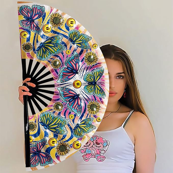 13" Large Rave Fan Bamboo, Folding Clack Hand Fans Foldable for Men Women, Boots on the Ground Poping Fan for EDM Festival Line Dance Decoration, (Butterfly, Large 13")