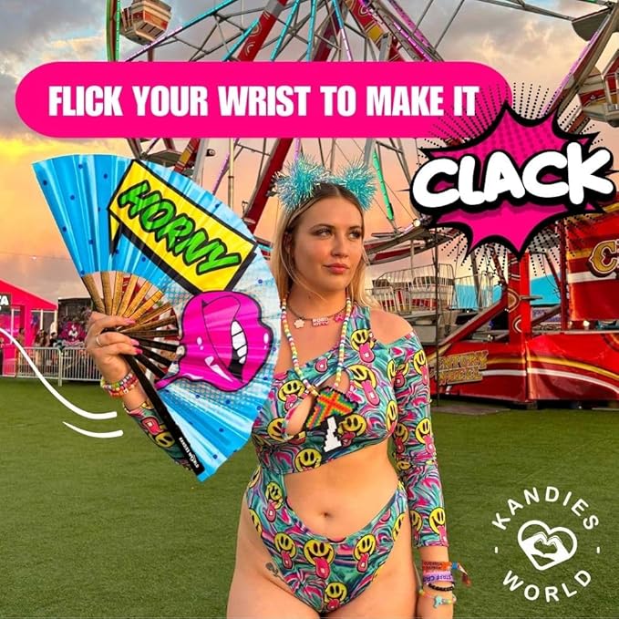Kandies World Custom Festival Folding Hand Fan - Unique Designs, Made of Bamboo, Clacking Sound, Lightweight - Perfect Rave and Festival Accessory!