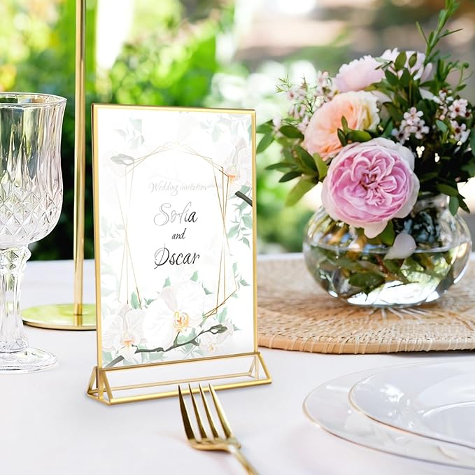 12 Pack Acrylic Sign Holder, 5x7 Inch Double-Side Gold Picture Frames Stands for Display, Vertical Table Top Sign Holders for Wedding, Party, Offices, Table Numbers, Home