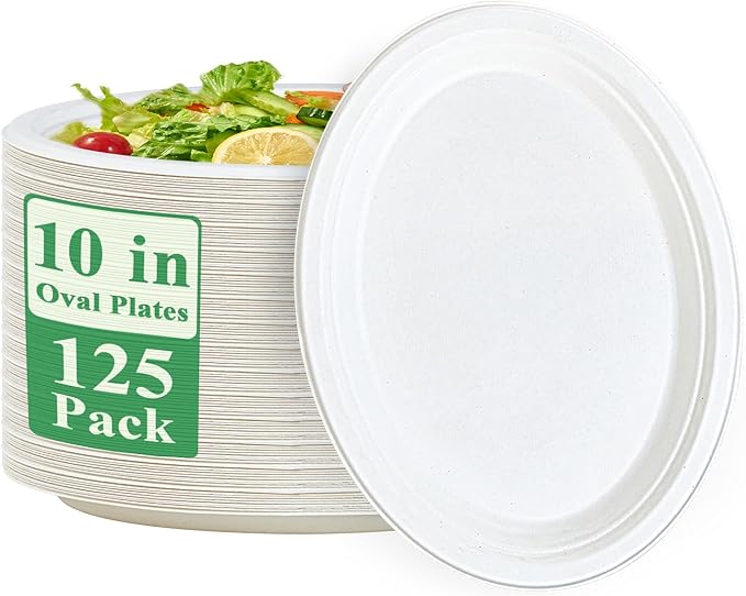 Vplus 100% Compostable Oval Paper Plates 10 inch 125 Pack Super Strong Disposable Paper Plates Bagasse Natural Biodegradable Eco-Friendly Sugarcane for BBQ, Party, Gathering, and Picnic
