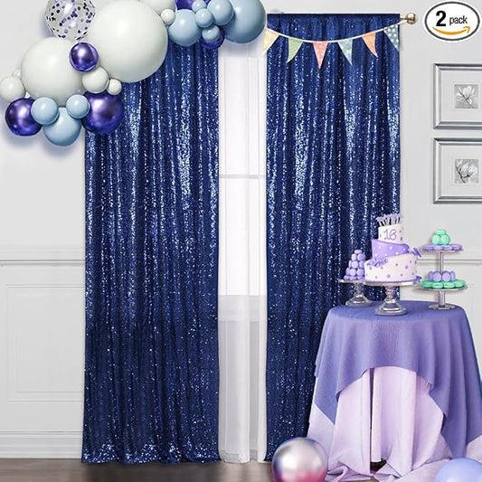 SquarePie Sequin Backdrop Non-Transparent Background Sparkly Curtain for Wedding Party 2FT x 8FT Navy Blue 2pcs
