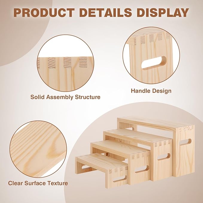 8 Pcs Wood Risers Display Stands, 2 Set Wooden Risers for Table Display, 4 Tier Rectangular Riser Display Stand Wooden for Cupcake, Desserts, Perfume, Collections, Jewelry Showcase (Nature)