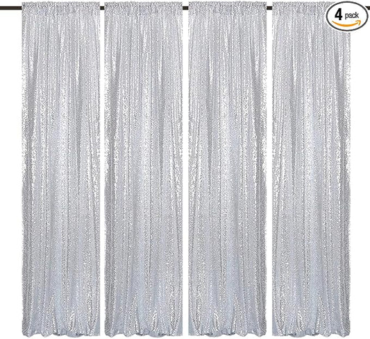 Silver Sequin Backdrop 2FTx8FT 4 Panels Silver Backdrop Curtains for Parties Glitter Backdrop Photo Background for Wedding Baby Shower