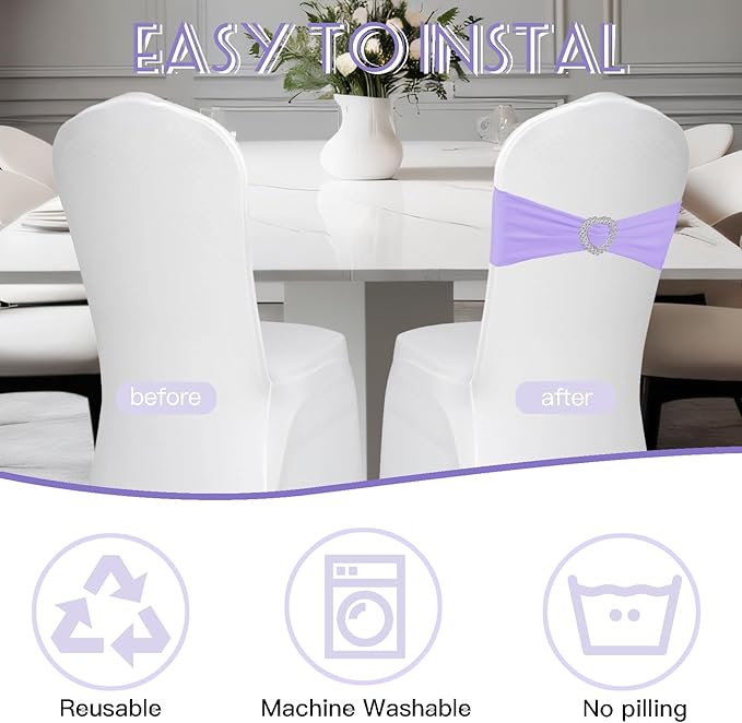 100PCS Spandex Chair Sashes Bows Universal Stretch Elastic Chair Cover Band Ties with Buckle Slider for Wedding Banquet Birthday Party Reception Event Decoration(Lavender)