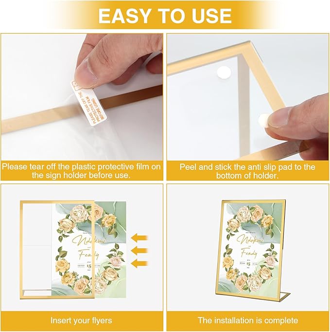 EHWINE 12 Pack Acrylic Sign Holder 8.5 x 11, Gold Picture Frame Stand up Table Top Sign Holders, Slanted Back Paper Holder Clear Display Stand Menu Flyer Holder for Wedding Party