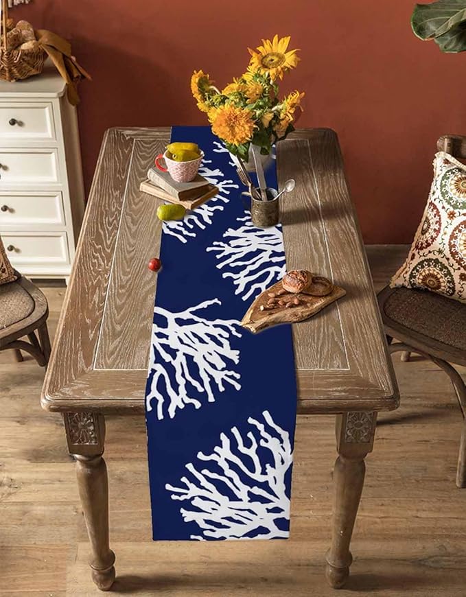Coastal Coral Cotton Linen Table Runner for Dining Kitchen, Wedding Outdoor Party Tablerunners Decoration, Navy Blue Nautical Ocean Beach Dresser Scarf Coffee Tablecloth Runners 13x48 Inches
