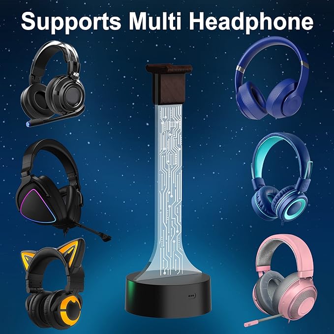 Light up Headphone Stand for Desk, Gaming Headset Holder RGB with 16 Color Lights for Game Room Decor, Cool Gamer Gifts for Men Boyfriend （PCB）