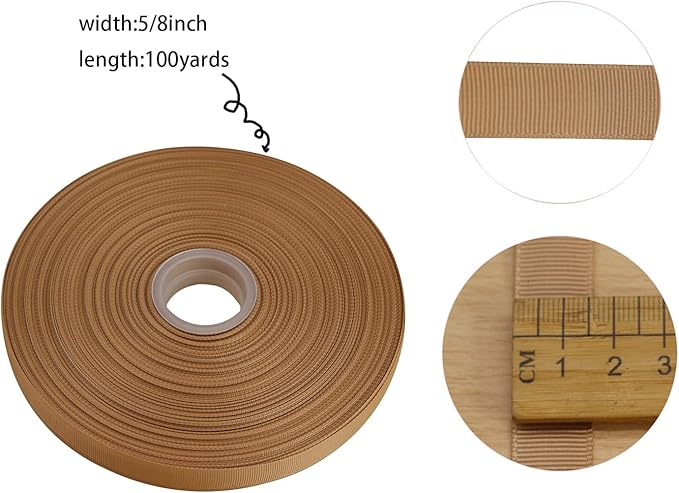 Jesep One Roll 100 Yards 5/8" Soild Grosgrain Ribbon Boutique Gift Wrapping Package Ribbon, DIY Crafts Bow Hair Headband Accessories Assorted Ribbon#835 (5/8" 15mm, Khaki)