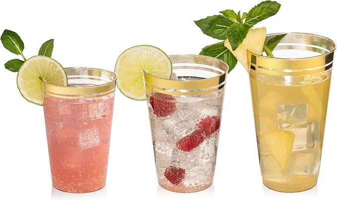 Perfect Settings 100 Premium 12oz Hard Plastic Cups Clear Glitter Gold Plastic Double Colored Rimmed Cups Fancy Disposable Wedding Cups Elegant Party Cups with Twin Colored Rim (Glitter Gold Rim, 12)