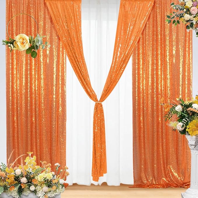 Eternal Beauty 4 PCS Sequin Backdrop Curtain, Halloween Sequin Wedding Backdrop for Christmas Party, Birthday (Orange 2FTx8FT)