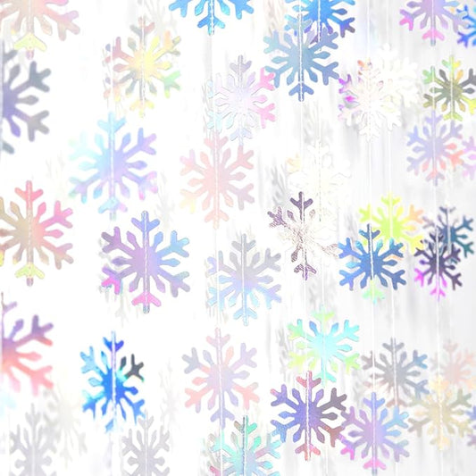 Snowflake-Snow Iridescent-Holographic Christmas Party-Decoration Garland - 52ft Winter Wonderland Frozen Ornaments Hanging Paper Streamers,New Years Birthday Baby Shower Dance Ceiling Decor Hugfond