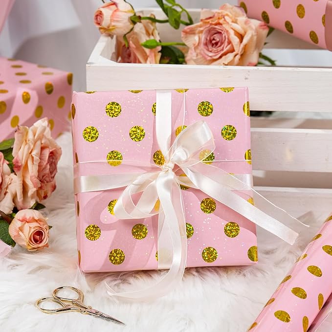 Burymento Pink Holographic Dots Wrapping Paper, Reversible Gold Gift Wrap for Birthday, Valentines, Mothers day, Graduation, Wedding, Fathers day, Baby Shower, Christmas (17in x 16.4ft)