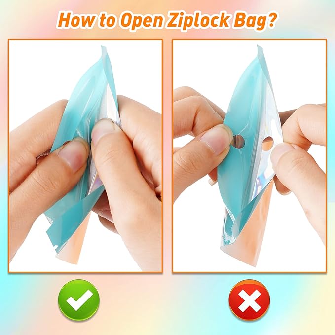 Funfery 100 Pack Holographic Bags,Mylar Resealable Bags with Zipper,Clear Window Packaging Pouch,Foil Bag for Food Storage,Sample Jewelry Bag(4×6in,Blue Orange)