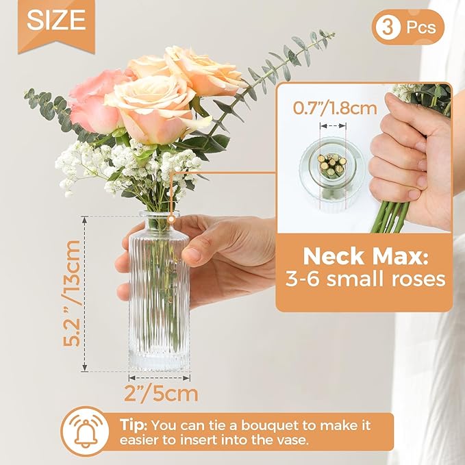 ComSaf Glass Bud Vases Set of 3, Small Flower Vases in Bulk, Mini Ribbed Vases for Centerpieces, Clear Vintage Vase for Table Decorations, Wedding, Party, Receptions, Home Decor (Different Sizes)