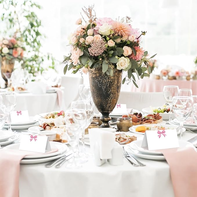 25 Pink Bow Place Cards for Table Seating, Watercolor Wedding Name Place Card, Tent Cards for Birthday Baby Shower Bridal Shower Reception Dinner Party Decorations -A25