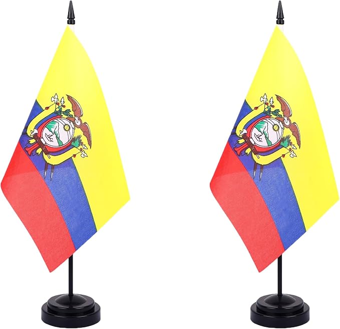 Ecuador Desk Flag 12" Solid Pole Deluxe Set Ecuadorians Flags Banner Mini Small Ecuador Office Table Flags with Black Stand Base Desktop Decorations(2Pack)