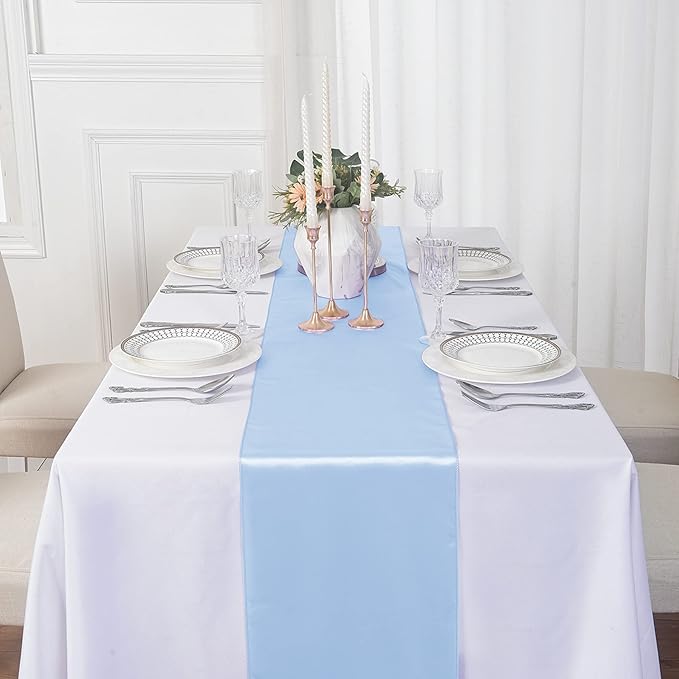 12Pack Table Runner 12 x 108 Inches Satin Silk Table Runner for Wedding, Birthday Party, Banquets, Graduations Decoration, fit Rectange and Round Table-Blue Mist