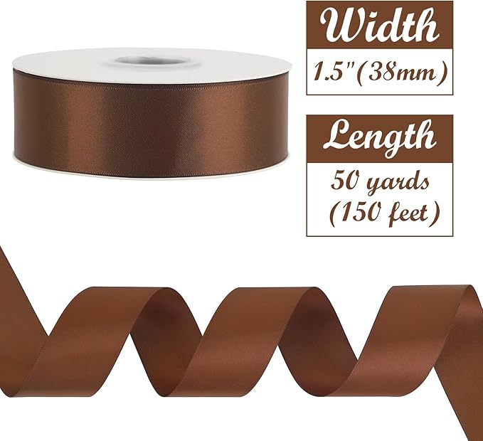 HUIHUANG Brown Satin Ribbon 1-1/2 inch x 50 Yards Dark Brown Double-Faced Satin Ribbon for Gift Wrapping, DIY Crafts, Holiday Decor, Christmas Wedding Party Decor, Bows, Flower Bouquet