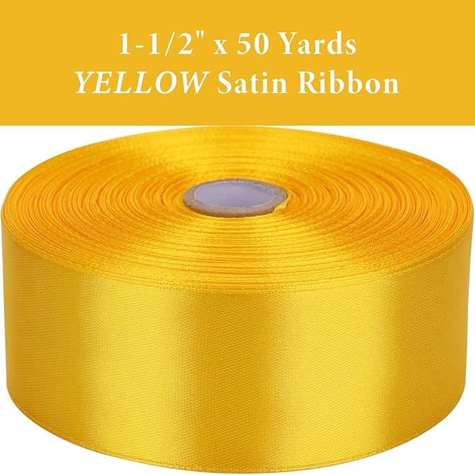 1-1/2" x 50 Yards Yellow Satin Ribbon Single Faced Fabric Ribbons for Gift Wrapping, Crafting, Floral Arrangements, Flower Bouquet, Wedding, Home Decor