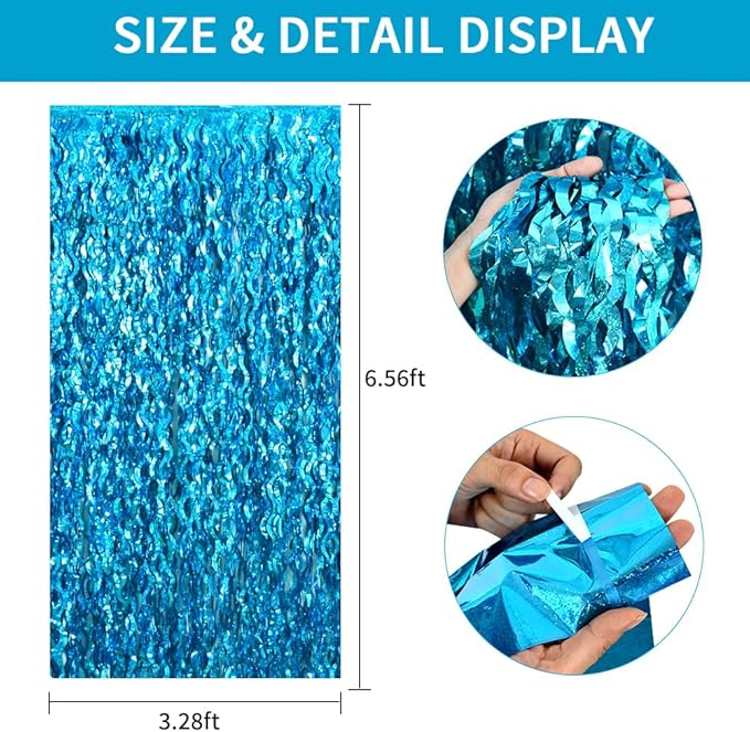 TONIFUL 3Pcs Wavy Metallic Tinsel Foil Fringe Curtains Teal Blue Streamer Backdrop for Photo Booth Props,Party Door Wall Curtains,Bachelorette,Underwater World Birthday Party Decor (9.9ft x 6.6ft)