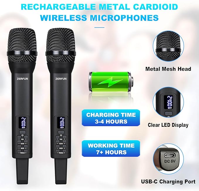 Rechargeable Wireless Microphones Dual, Pro Handheld Cordless Mics System Dynamic with Echo Treble BASS VOL Control for Karaoke Singing Church Party, 1/4'' Output, D240, Black