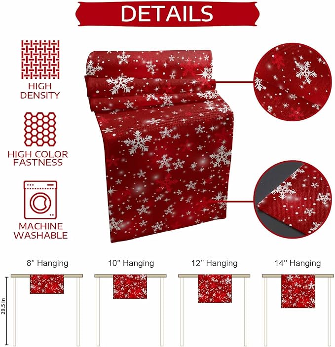 Christmas Snowflakes Cotton Linen Table Runner for Dining Kitchen, Red Xmas Winter Snow Wedding Outdoor Party Tablerunners Decoration, New Year Dresser Scarf Coffee Tablecloth Runners 13x90 Inches