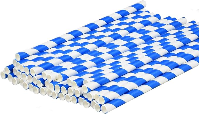 Blue Stripes Disposable Paper Party Straws for Drinking 7.75 inch 100 Counts, Compostable - for Cocktail, Coffee, Juice