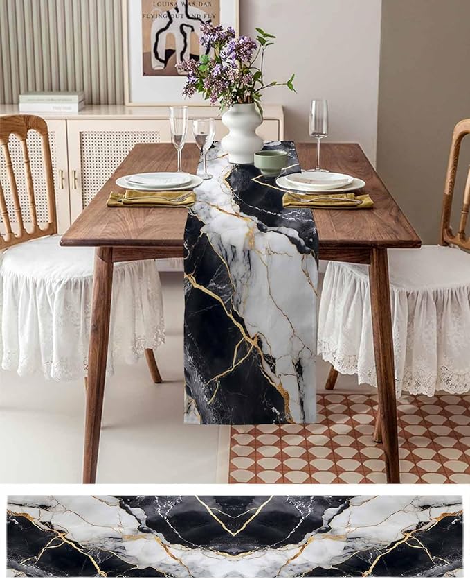 Black White Marble Cotton Linen Table Runner for Dining Kitchen, Wedding Outdoor Party Tablerunners Decoration, Nature Marble Crack Modern Art Dresser Scarf Coffee Tablecloth Runners 13x48 Inches
