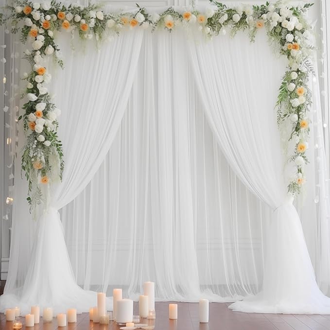 20x10 White Tulle Backdrop Curtains for Parties, Sheer Backdrop Curtain Wedding Photo Background Drapes for Baby Shower Photography Birthday Party