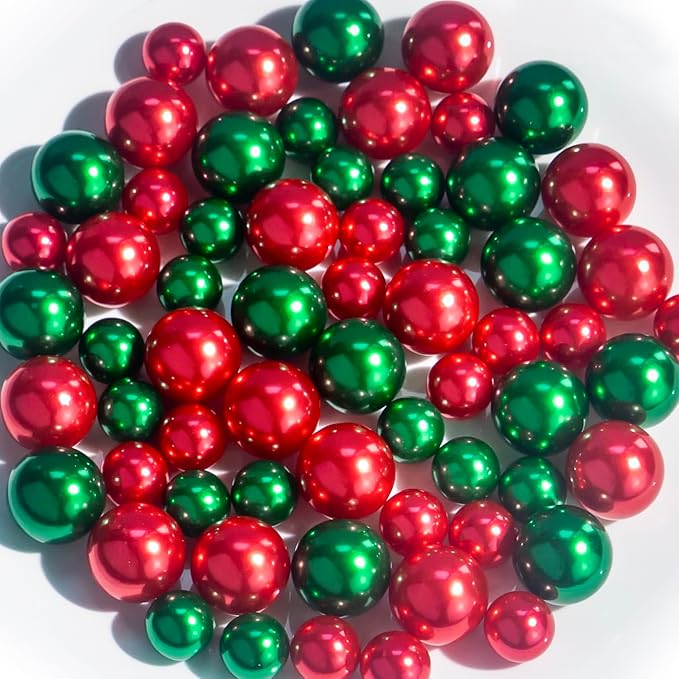 150Pcs Red&Green Polished No Hole Pearl Beads Vase Filler, Christmas Vase Filling Decorations, Plastic Pearls, Table Scatters, Wedding Home Decor, 8/14/20 mm