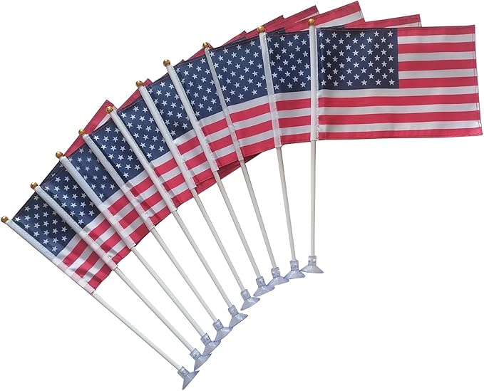 American Mini Flags with Suction Cup Handheld US Small Flags for Office Store Party Gardens Yards (double sided (set of 10))