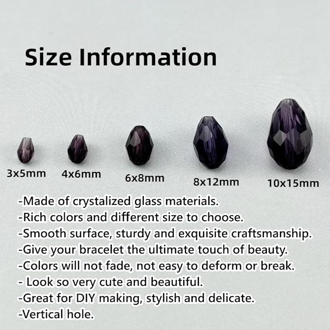 200pcs 3x5mm Teardrop Crystal Glass Beads for Jewelry Making, Faceted Vertical Hole Teardrop Glass Spacer Beads for Wind Chimes Bracelet Earring Necklace DIY Craft(Violet)