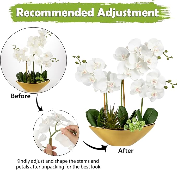 Briful Orchid Artificial Flowers 17in White Fake Orchid Silk Flowers with Gold Ceramic Pot Faux Orchid Arrangement for Home Office Room Coffee Table Centerpiece Modern Decoration