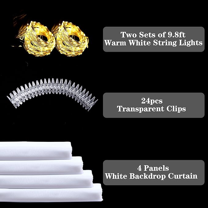 Suppromo White Tulle Backdrop Curtain with Lights String for Parites 20×8ft Sheer Curtains Wedding Baby Shower Birthday Party Photo Shoot Decorations(4 Panels 5ft×8ft)