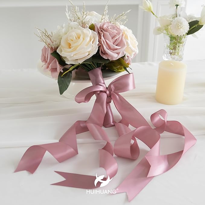 HUIHUANG Mauve Satin Ribbon 1-1/2 inch x 50 Yards Dark Rose Ribbon for Flower Bouquet, Eternal Flowers, DIY Crafts, Party Favors, Bridal Shower Wedding Decor, Gift Wrapping, Bows