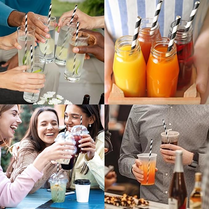 Black White Striped Biodegradable Paper Drinking Straws Unwrapped 7.75 inch 100 Counts - for Cocktail, Juice, Decoration, Crafts