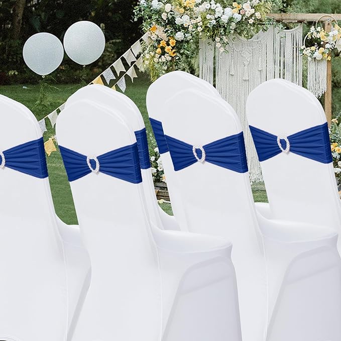 Howhic Pack of 120 Spandex Chair Sashes Bows Stretch Chair Cover Band with Buckle Slider Universal Elastic Chair Ties for Wedding Banquet Party Event Decoration (Navy)