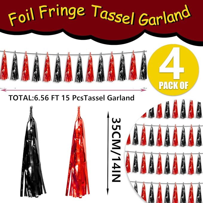 4P Black red Foil Fringe Tassel Banner Garland Metallic Tinsel Streamers Wall Hanging Curtain Backdrop Banner for Parade Floats, 2024 Graduation Decorations, Father's Day Party Decoration