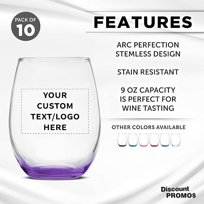 Custom Stemless Wine Glass 9 oz. Set of 10, Personalized Bulk Pack - Great for Wedding Favors, Bachelorette Party Decorations, Party Favors, Color Bottom - Purple