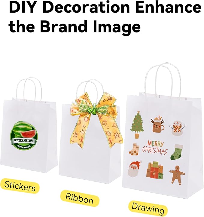 BAG BOX 100 Pack 5.9x3.1x8.25 Inch White Gift Bags with Handles,Bulk Kraft Paper Bags for Shopping, Retail, Merchandise, Wedding, Party Favors, Paper Grocery Sacks