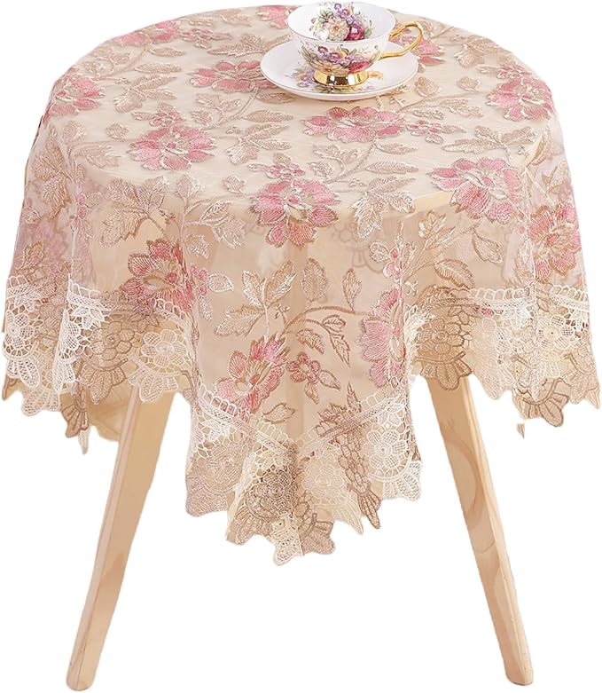 Round Embroidered Lace Tablecloth Vintage Decorative Exquisite Border Table Cover for Party Wedding Home Decorations, Round-60, Pink