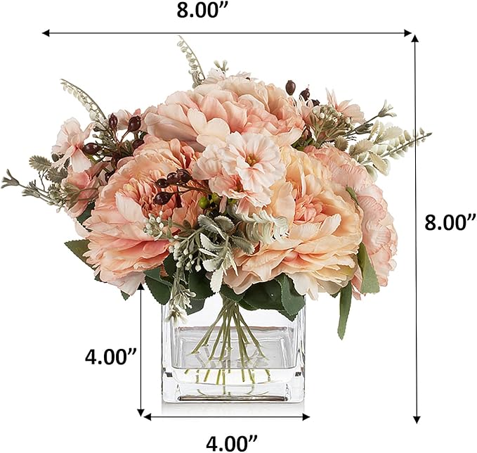ENOVA FLORAL Artificial Flower Arrangement with Vase,Mixed Artificial Silk Peony Flower in Vase for Decoration Home Office, Wedding Centerpiece (Champagne)
