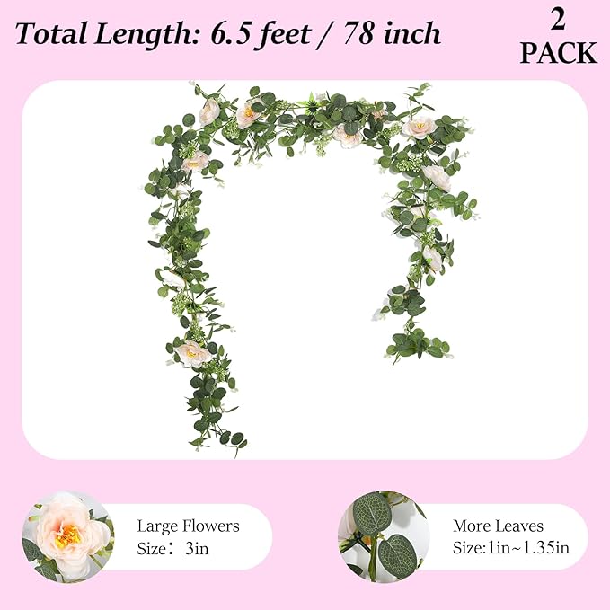 2Pcs Total 13 feet Eucalyptus Flower Garland with Fake Rose Flower, Artificial Fake Flowers Greenery Garland Floral Vines for Decoration Party Wedding Table Indoor Outdoor Backdrop Wall Decor（Pink）