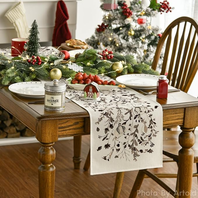 Artoid Mode Leaves and Flowers Cotton 210 GSM Winter Table Runner, Seasonal Christmas Kitchen Dining Table Decoration for Home Party Decor 13x90 Inch