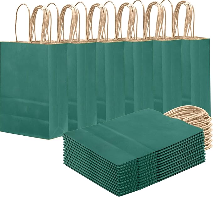 qiqee Peacock Green Gift Bag with Handles Bulk 24Pcs Paper Bags -8.3"x6"x3. 15" Party Favor Bags - Solid Color