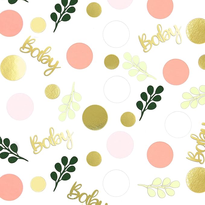 300PC Pink and Sage Green Girl Baby Shower Decorations Greenery Baby Shower Confetti Eucalyptus Dots Table Scatters for Girls Gender Reveal Birthday Decor