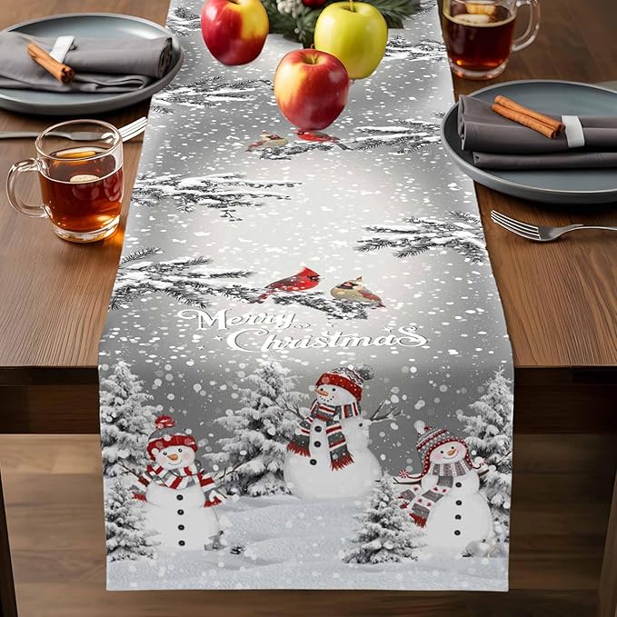 Christmas Snowman Cotton Linen Table Runner for Dining Kitchen, Snowflakes Xmas Pine Tree Wedding Outdoor Party Tablerunner Decoration Winter Bird Dresser Scarf Coffee Tablecloth Runners 13x108 Inches